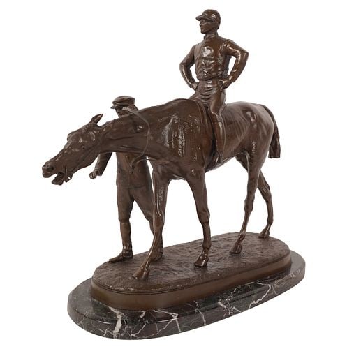 John Willis Good (British, 1845-1879): After The Race: Buyer's Premium is 25% on Abell.com Buyer's Premium is 28% on Liveauctioneers.com signed in casting, mounted to marble base, overall: 13 1/2 x 14 1/2 x 6 in.