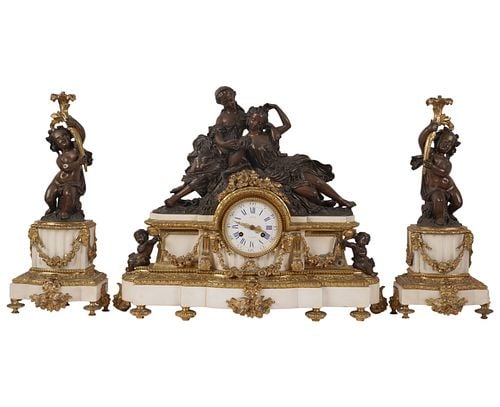 French Bronze and Marble Three-Piece Clock Garniture: Buyer's Premium is 25% on Abell.com Buyer's Premium is 28% on Liveauctioneers.com clock: 21 x 24 x 8 in. , garnitures: 20 x 9 x 6 1/2 in.