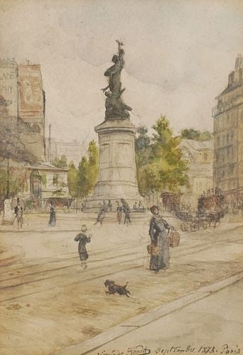 Parisian Street Scene Watercolor: Buyer's Premium is 25% on Abell.com Buyer's Premium is 28% on Liveauctioneers.com 1878, signed [illeg.], 14 x 11 in., frame: 18 x 15 in.