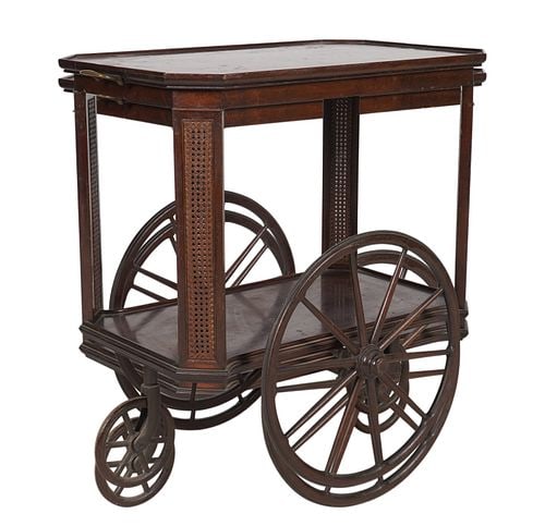 Mahogany and Rattan Tea Cart: Buyer's Premium is 25% on Abell.com Buyer's Premium is 28% on Liveauctioneers.com 29 1/4 x 30 1/2 x 20 in.