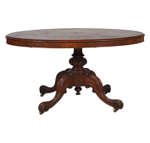 Victorian Burl Walnut Oval Table: Buyer's Premium is 25% on Abell.com Buyer's Premium is 28% on Liveauctioneers.com 29 1/2 x 53 x 39 1/2 in.