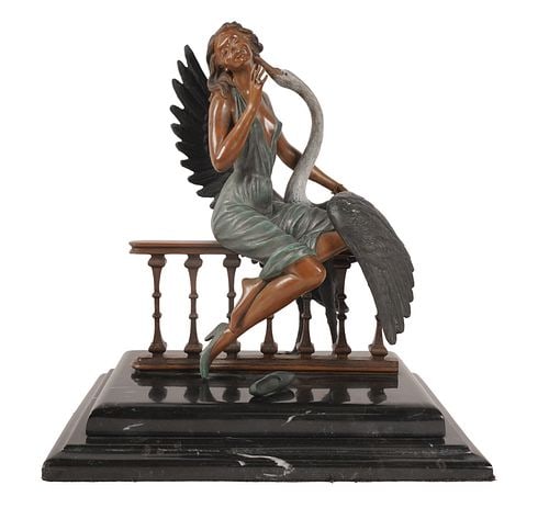 Art Deco Bronze Woman with Swan: Buyer's Premium is 25% on Abell.com Buyer's Premium is 28% on Liveauctioneers.com mounted to marble base, overall: 13 1/2 x 12 x 8 3/4 in.