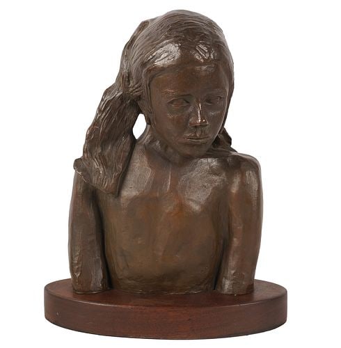 20th Century: Bronze of a Girl: Buyer's Premium is 25% on Abell.com Buyer's Premium is 28% on Liveauctioneers.com bronze mounted to a wood base, signed in casting and numbered 2/12, 17 x 13 x 6 in.