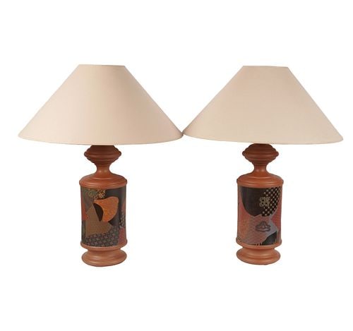 Pair of Jacques Molin Collage de Li Shwang Lamps: Buyer's Premium is 25% on Abell.com Buyer's Premium is 28% on Liveauctioneers.com 34 x 25 in.