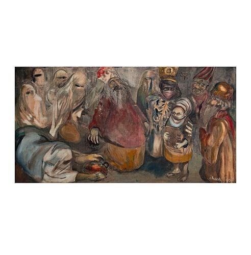 Edward Arcenio Chavez (1917-1995), Court Scene with King and Subjects: Buyer's Premium is 25% on Abell.com Buyer's Premium is 28% on Liveauctioneers.com oil on canvas, 1960, signed and dated lower right, canvas: 41 1/2 x 78 in., framed: 44 x 80 1/2 in.