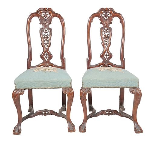 Pair of Provincial Needlepoint Side Chairs: Buyer's Premium is 25% on Abell.com Buyer's Premium is 28% on Liveauctioneers.com 44 x 21 x 20 in., seat height: 20 in.