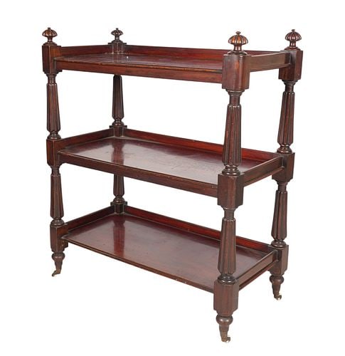 Carved Mahogany Tiered Bookshelf: Buyer's Premium is 25% on Abell.com Buyer's Premium is 28% on Liveauctioneers.com 40 1/2 x 34 1/2 x 17 in.