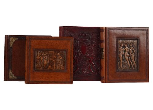 Four Italian Leather Bound Albums: Buyer's Premium is 25% on Abell.com Buyer's Premium is 28% on Liveauctioneers.com each with blank interior pages, largest: 17 x 15 x 2 1/2 in.