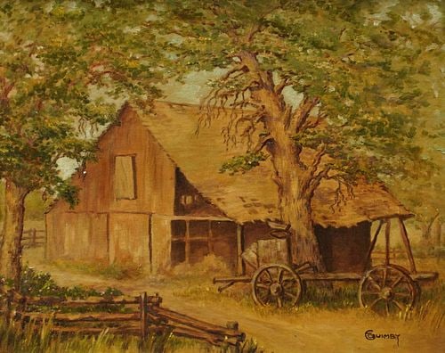 F. Quimby (20th century), The Old Ranch Miramonte: Buyer's Premium is 25% on Abell.com Buyer's Premium is 28% on Liveauctioneers.com oil on board, signed "F. Quimby" lower right, titled verso, 16 x 20 in, frame: 22 1/2 x 26 in.