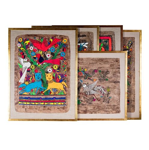 Five Mexican Folk Art Paintings on Bark: Buyer's Premium is 25% on Abell.com Buyer's Premium is 28% on Liveauctioneers.com unsigned, largest frame: 36 3/4 x 26 in.