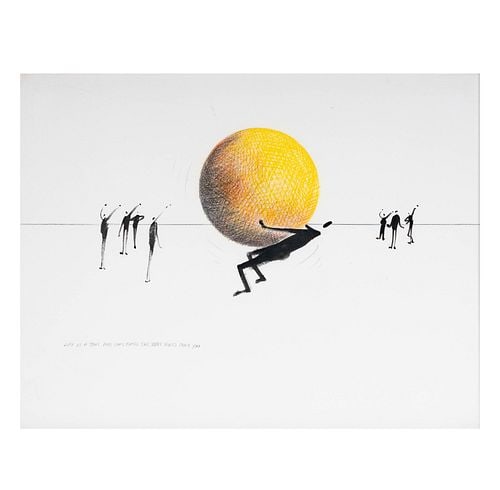 Leo Posillico (d. 2024), Life is a Ball: Buyer's Premium is 25% on Abell.com Buyer's Premium is 28% on Liveauctioneers.com "Life is a Ball and Sometimes the Ball Rolls Over You", mixed media on paper, 1984, titled lower right, signed and