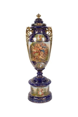 Large Royal Vienna Porcelain Covered Urn: Buyer's Premium is 25% on Abell.com Buyer's Premium is 28% on Liveauctioneers.com marked to underside, overall: 33 x 10 x 7 1/2 in.