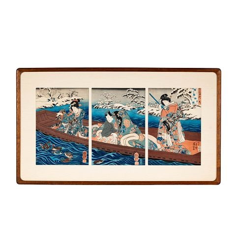 Kuniyoshi Utagawa (Japanese, 1797-1861), Water: a Drifting Boat: Buyer's Premium is 25% on Abell.com Buyer's Premium is 28% on Liveauctioneers.com color woodblock tryptich print, chop marks on each sheet, each part sight: 13 3/4 x 9 3/4 in., overall Approx. 29 in.