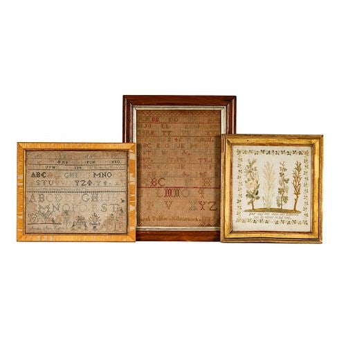 Three Antique Samplers: Buyer's Premium is 25% on Abell.com Buyer's Premium is 28% on Liveauctioneers.com smallest frame: 15 1/4 x 14 1/2 in., largest frame: 20 3/4 x 16 1/4 in.