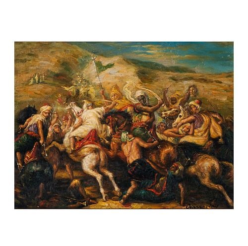 Theodore Chasseriau (1819-1856), Battle Scene: Buyer's Premium is 25% on Abell.com Buyer's Premium is 28% on Liveauctioneers.com oil on canvas, signed, 12 1/4 x 16 1/4 in., frame: 18 3/4 x 22 3/4 in.