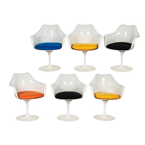 Set of Six Saarinen-Style Tulip Chairs: Buyer's Premium is 25% on Abell.com Buyer's Premium is 28% on Liveauctioneers.com stamped mark underside, each with removable cushions, 33 x 27 x 21 in., seat height 19 1/2 in.
