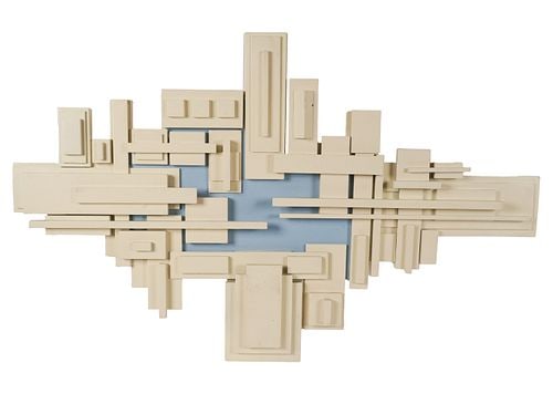 Modernist 3D Wall Panel: Buyer's Premium is 25% on Abell.com Buyer's Premium is 28% on Liveauctioneers.com painted white and blue, signed verso, 48 x 30 inches