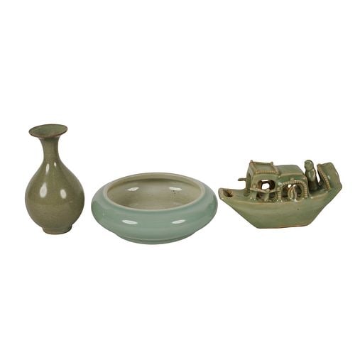Three Pieces of Celadon Glazed Porcelain: Buyer's Premium is 25% on Abell.com Buyer's Premium is 28% on Liveauctioneers.com including a boat, a vase and a dish, the dish signed to underside, the other two piecs unsigned, bowl: 2 x 5.5 in.,