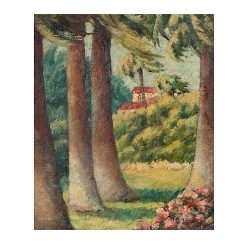 Helen Dranga, Trees and House, Oil on Board: Buyer's Premium is 25% on Abell.com Buyer's Premium is 28% on Liveauctioneers.com Oil on board painting by Helen Dranga, depicting trees in the foreground and a house on a hill in the background.
