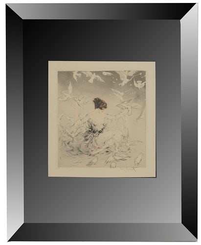Louis Icart, "Doves": Buyer's Premium is 25% on Abell.com Buyer's Premium is 28% on Liveauctioneers.com dry point and aquatint, circa 1922, pencil signed lower right with Icart embossed stamp, sheet: 17 1/2 x 16 1/4 in.,