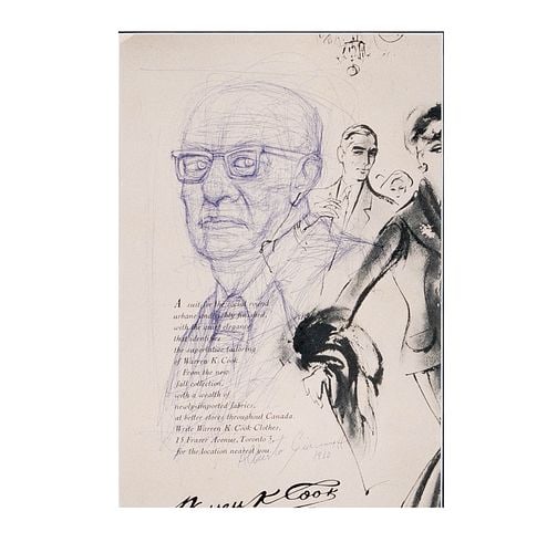 Nisson K. Cook Fashion Illustration, 1960: Buyer's Premium is 25% on Abell.com Buyer's Premium is 28% on Liveauctioneers.com Fashion illustration featuring a portrait and figures, signed 'Alberto Giacometti 1960' and 'Nisson K. Cook'. Framed.