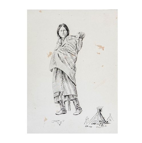 Native American Woman with Child, Ink Drawing: Buyer's Premium is 25% on Abell.com Buyer's Premium is 28% on Liveauctioneers.com Ink drawing on paper depicting a Native American woman carrying a child, with a teepee scene in the background.