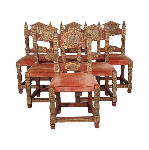 Set of Six Spanish Revival Painted Chairs: Buyer's Premium is 25% on Abell.com Buyer's Premium is 28% on Liveauctioneers.com painted finish with six fixed upholstered cushions, 41 x 21 x 19 in., seat height: 20 in.