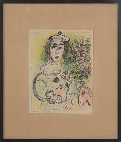 After Marc Chaggal,"The Clown with Flowers": Buyer's Premium is 25% on Abell.com Buyer's Premium is 28% on Liveauctioneers.com offset lithograph, sheet: 12 1/2 x 9 3/4, frame: 21 1/2 x 18 1/2 in.