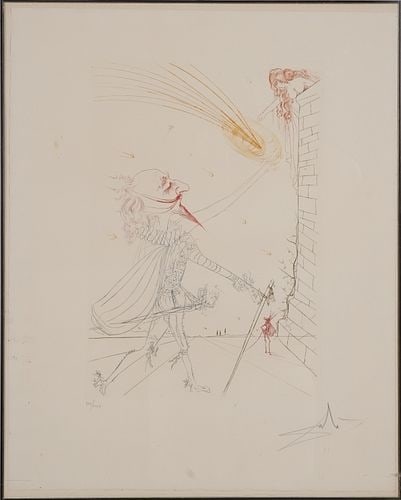 Salvador Dali, Cyrano de Bergerac and Roxane: Buyer's Premium is 25% on Abell.com Buyer's Premium is 28% on Liveauctioneers.com color etching, from the 1972 portfolio Famous Lovers (Les Amours Celebres), signed lower right, edition 838/1000 lower