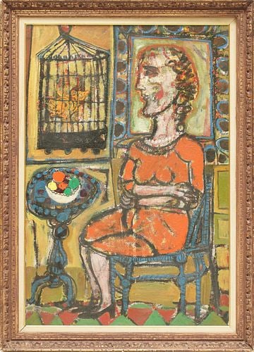 Jonah Kinigstein (American, b.1923), Woman with Birdcage and Fruit: Buyer's Premium is 25% on Abell.com Buyer's Premium is 28% on Liveauctioneers.com oil on panel, signed and titled verso, 48 x 32 in., frame: 59 1/2 39 1/4 in. with Raydon Gallery, New York label