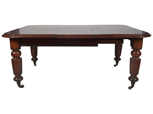 Mahogany DIning Table: Buyer's Premium is 25% on Abell.com Buyer's Premium is 28% on Liveauctioneers.com 28 1/2 x 51 1/2 x 51 in., leaf: 16 1/2 in. wide