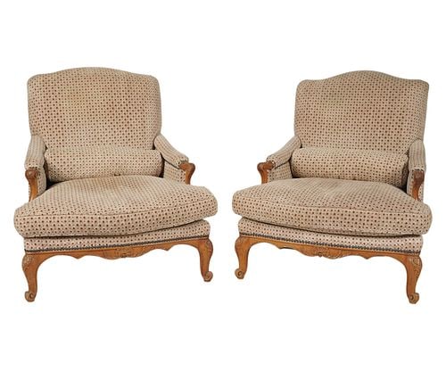 Pair of French Provincial Upholstered Bergeres: Buyer's Premium is 25% on Abell.com Buyer's Premium is 28% on Liveauctioneers.com 37 x 28 1/2 x 34 in.