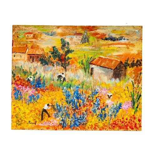 Suzanne Regan Pascal, Figures in Field: Buyer's Premium is 25% on Abell.com Buyer's Premium is 28% on Liveauctioneers.com oil on waferboard, signed, 24 1/4 x 30 1/4 in.