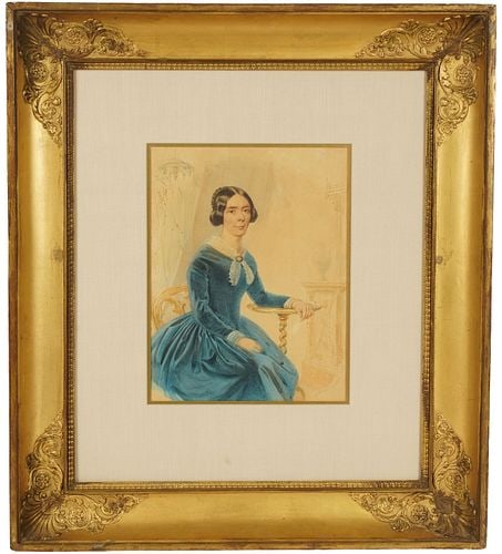 Carl Hartmann, 1818 - 1857, Lady in Blue Dress: Buyer's Premium is 25% on Abell.com Buyer's Premium is 28% on Liveauctioneers.com 1847, watercolor, pencil signed and dated lower right, sight: 12 3/4 x 10 in., frame: 27 1/4 x 24 in.