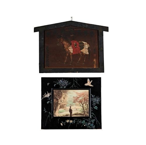 Two Japanese Mixed Media Works: Buyer's Premium is 25% on Abell.com Buyer's Premium is 28% on Liveauctioneers.com photo, framed: 15 x 17 1/2 in., plaque: 15 x 22 1/2 in.