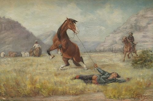 Julius Rorphuro, 1861-1928, The Horse Thieves: Buyer's Premium is 25% on Abell.com Buyer's Premium is 28% on Liveauctioneers.com oil on canvas, signed to the lower right, canvas: 21 x 31 1/4 in., frame: 30 1/2 x 41 in
