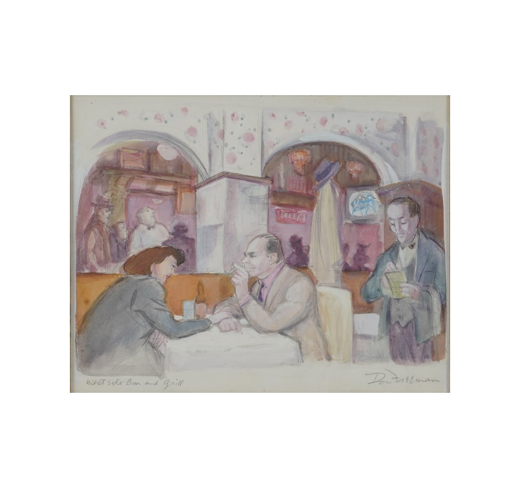 Don Freeman, 1908-1978, West Side Bar and Grill: gouache on paper Signed to the lower right, titled to the lower left 8 3/4 x 11 in. (22.2 x 27.9 cm.), Frame: 29 1/4 x 25 1/4 in. (74.3 x 64.1 cm.)