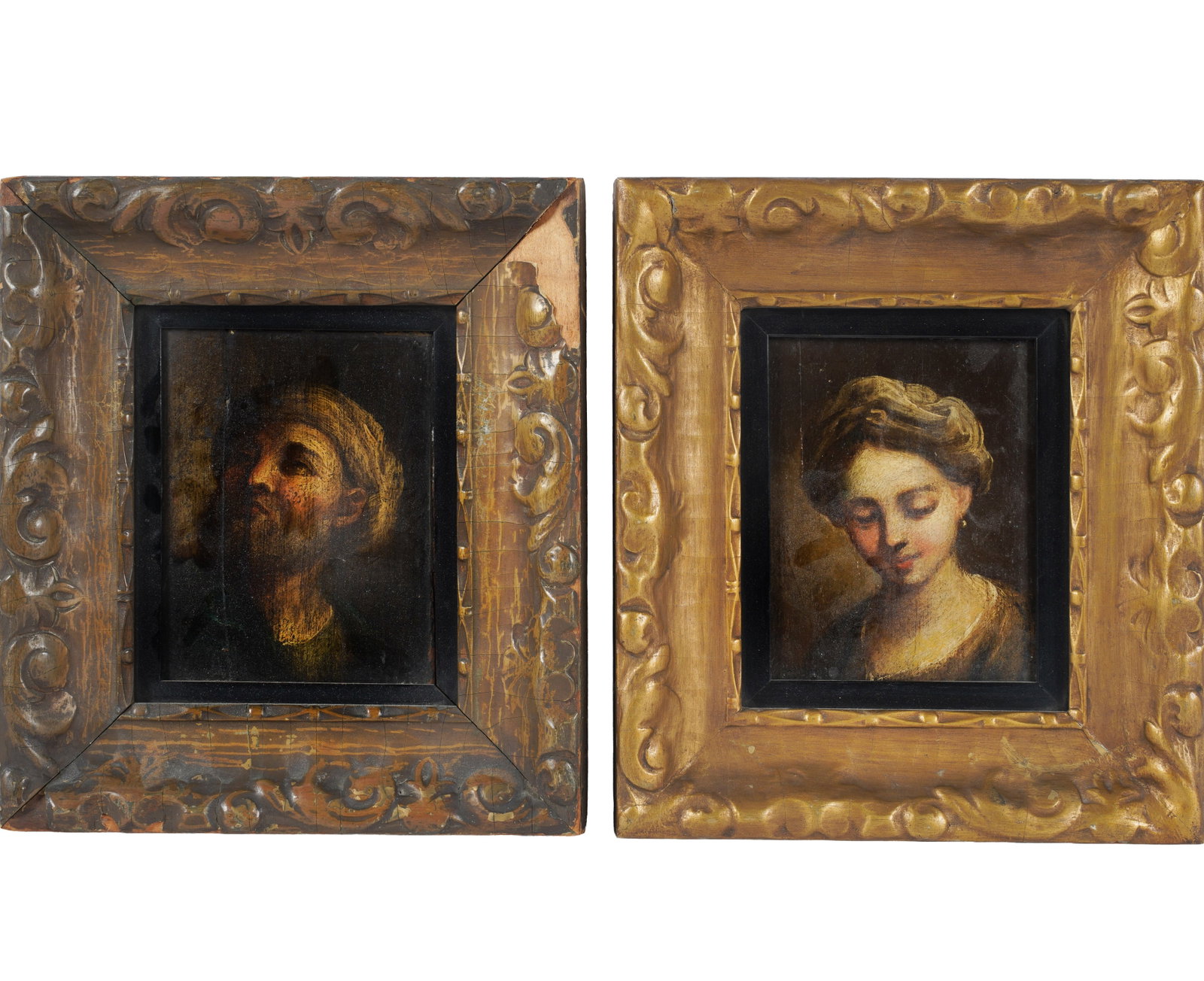 A Pair of Old Master Style Portraits: oil on board Panel: 5 1/2 x 4 1/4 in. (14 x 10.8 cm.), Frame: 10 x 8 3/4 in. (25.4 x 22.2 cm.)