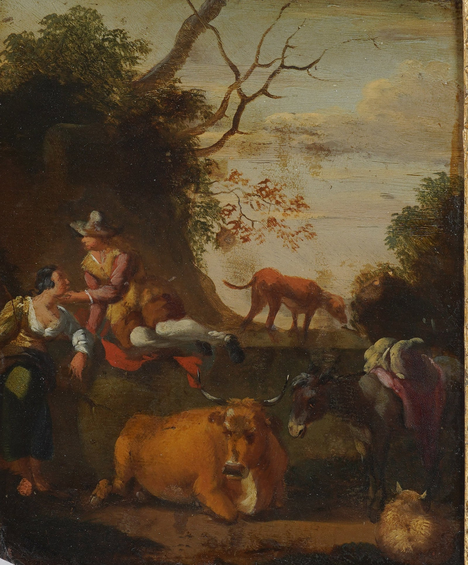 Dutch School: A Pastoral Landscape with Shepherds and Livestock: oil on oak panel, no visible signature 9 1/2 x 7 3/4 in. (24.1 x 19.7 cm.), Frame: 14 x 12 in. (35.6 x 30.5 cm.)
