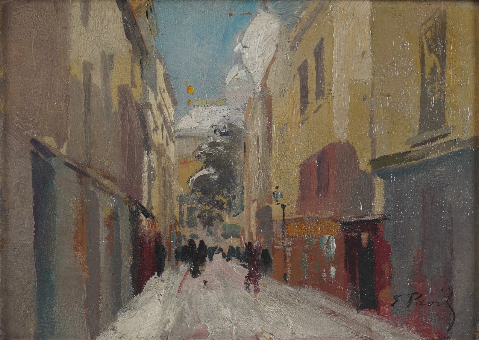 Elie Anatole Pavil, French 1873-1948, Jour de Neige: oil on board signed to the lower right Panel: 6 1/4 x 8 3/4 in. (15.9 x 22.2 cm.), Frame: 10 x 12 1/4 in. (25.4 x 31.1 cm.)