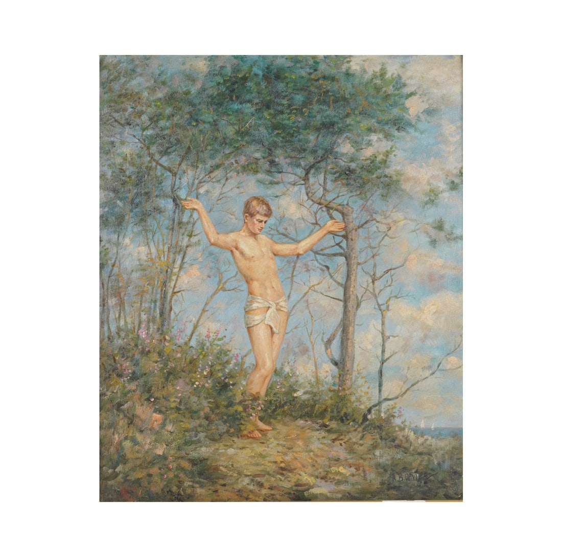 Arthur Bowen Davies, 1862-1928, The Sun Worshiper: oil on canvas Signed to the lower right Canvas: 24 x 20 in. (61 x 50.8 cm.), Frame: 33 1/2 x 29 1/2 in. (85.1 x 74.9 cm.)