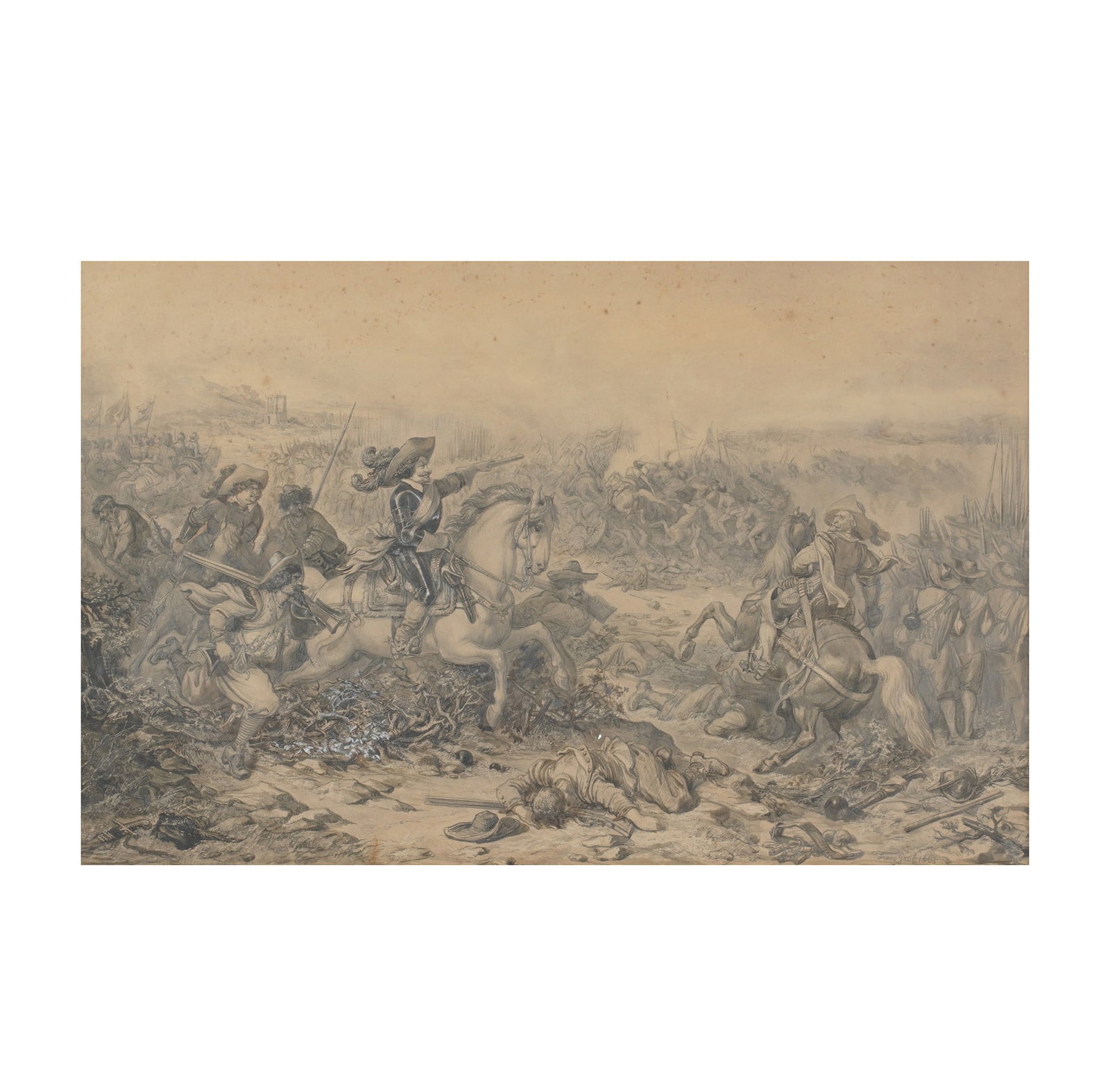 Franz Gaul, 1837-1906, Battle Scene: pencil and crayon on paper 1861, signed and dated to the lower right Sight: 15 3/4 x 24 3/4 in. (40 x 62.9 cm.), Frame: 26 x 35 in. (66 x 88.9 cm.)