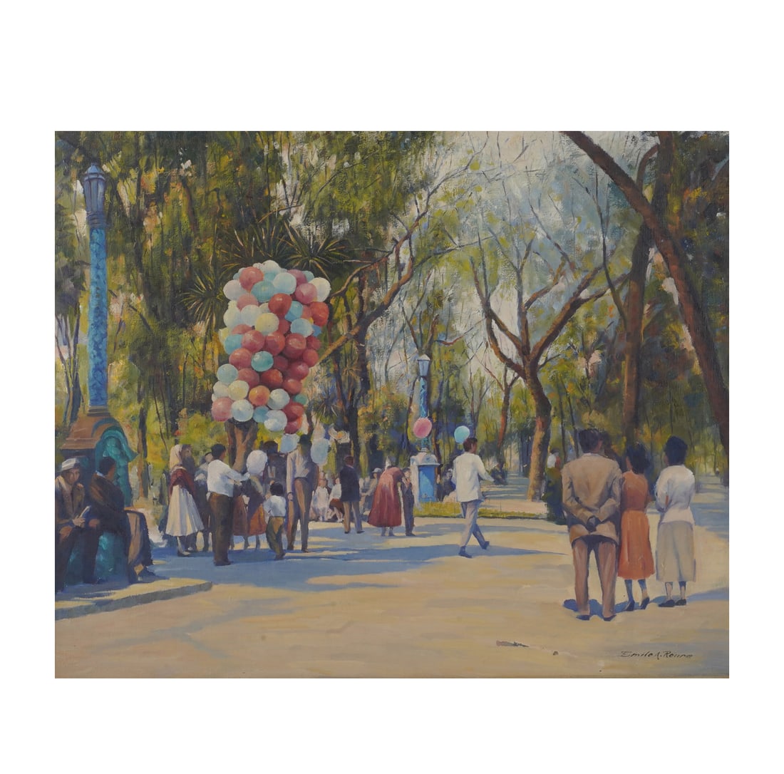 Emile A Roure, California/Florida 1880-1970, The Balloon Seller: oil on canvas signed to the lower right Canvas: 24 1/4 x 30 1/4 in. (61.6 x 76.8 cm.), Frame: 33 1/2 x 39 1/2 in. (85.1 x 100.3 cm.)