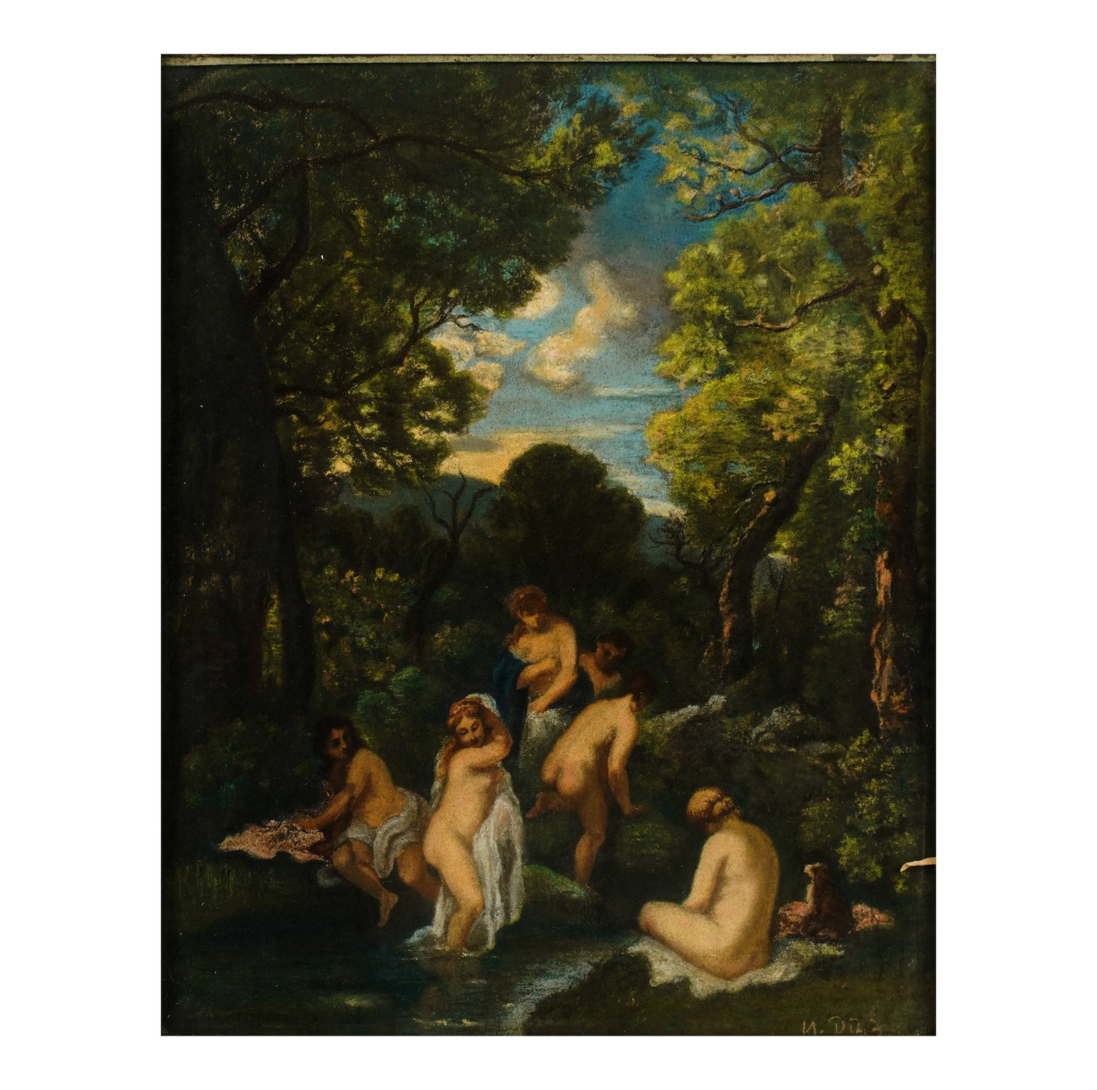 Narcisse Diaz, French 1807-1876, Baigneuses: Pastel on paper signed to the lower right, titled on verso 16 x 12 3/4 in. (40.6 x 32.4 cm.), Frame: 22 x 19 in. (55.9 x 48.3 cm.)