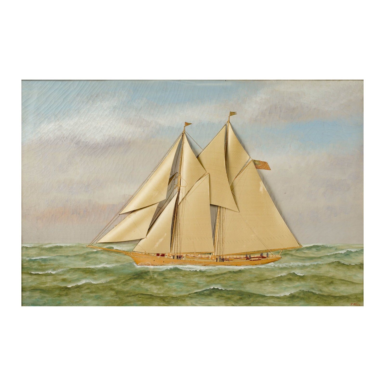 Thomas H Willis, 1850-1925, Sailboat: oil on canvas with applies silk and threadwork signed lower right Sight: 19 1/2 x 29 1/4 in. (49.5 x 74.3 cm.), Frame: 25 x 35 3/4 in. (63.5 x 90.8 cm.)