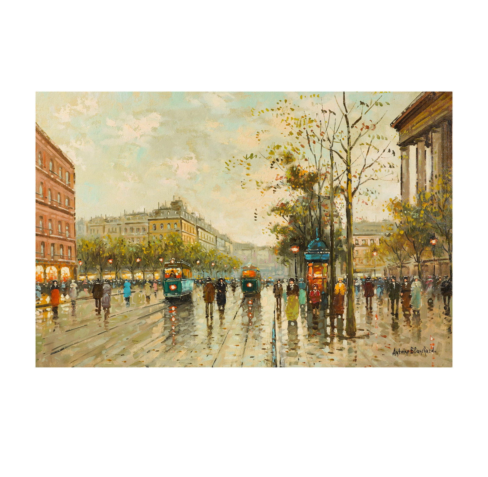 After Antoine Blanchard, French 1910-1988, Parisian Street Scene: oil on canvas signed lower right 24 x 36 in., Frame: 32 1/2 x 44 1/2 in. (82.6 x 113 cm.)