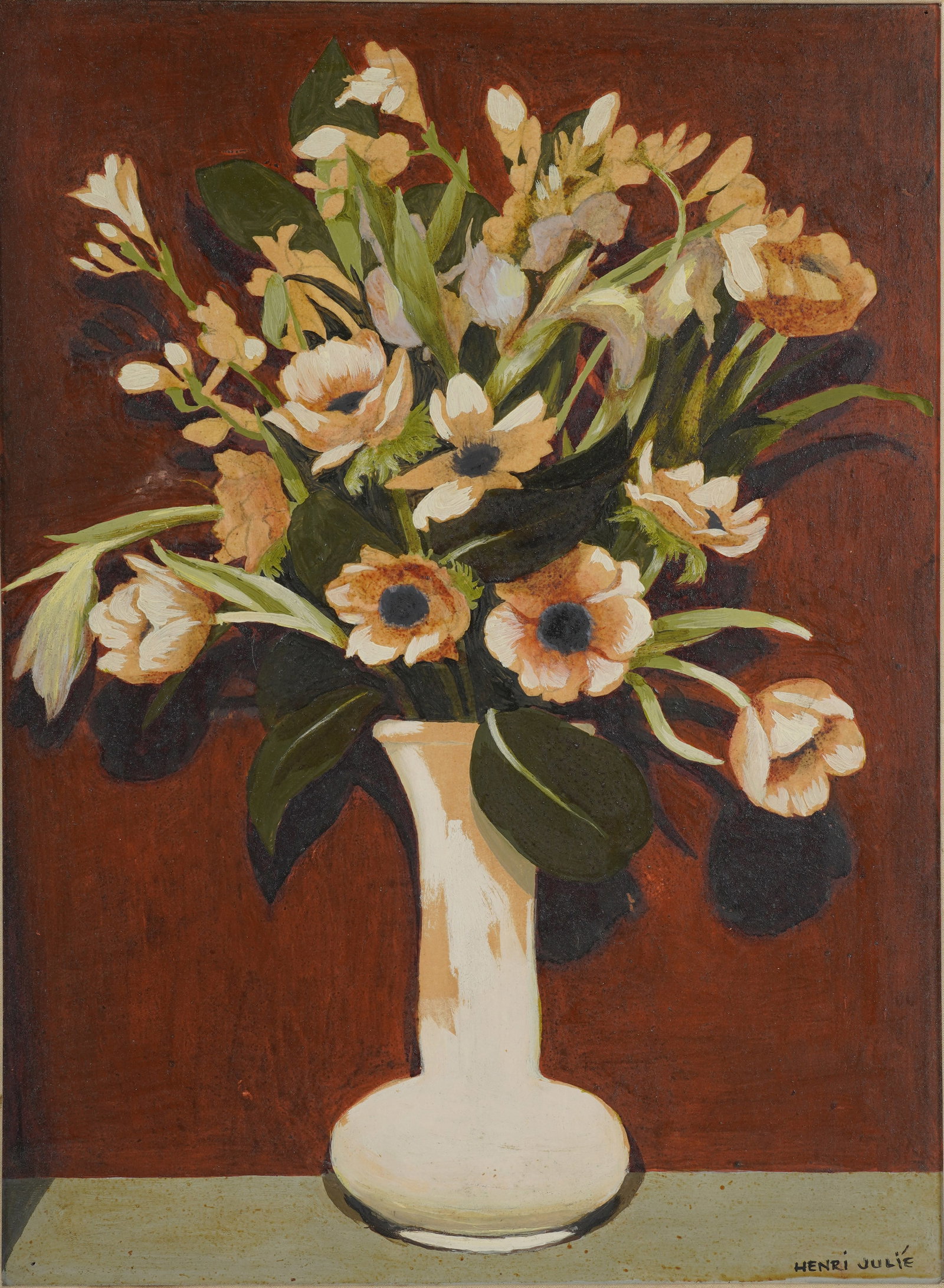 Henri Julie, France , Still Life of Flowers: oil on artist board signed to the lower right Sight: 14 x 10 1/4 in. (35.6 x 26 cm.), Frame: 19 x 15 1/4 in. (48.3 x 38.7 cm.)