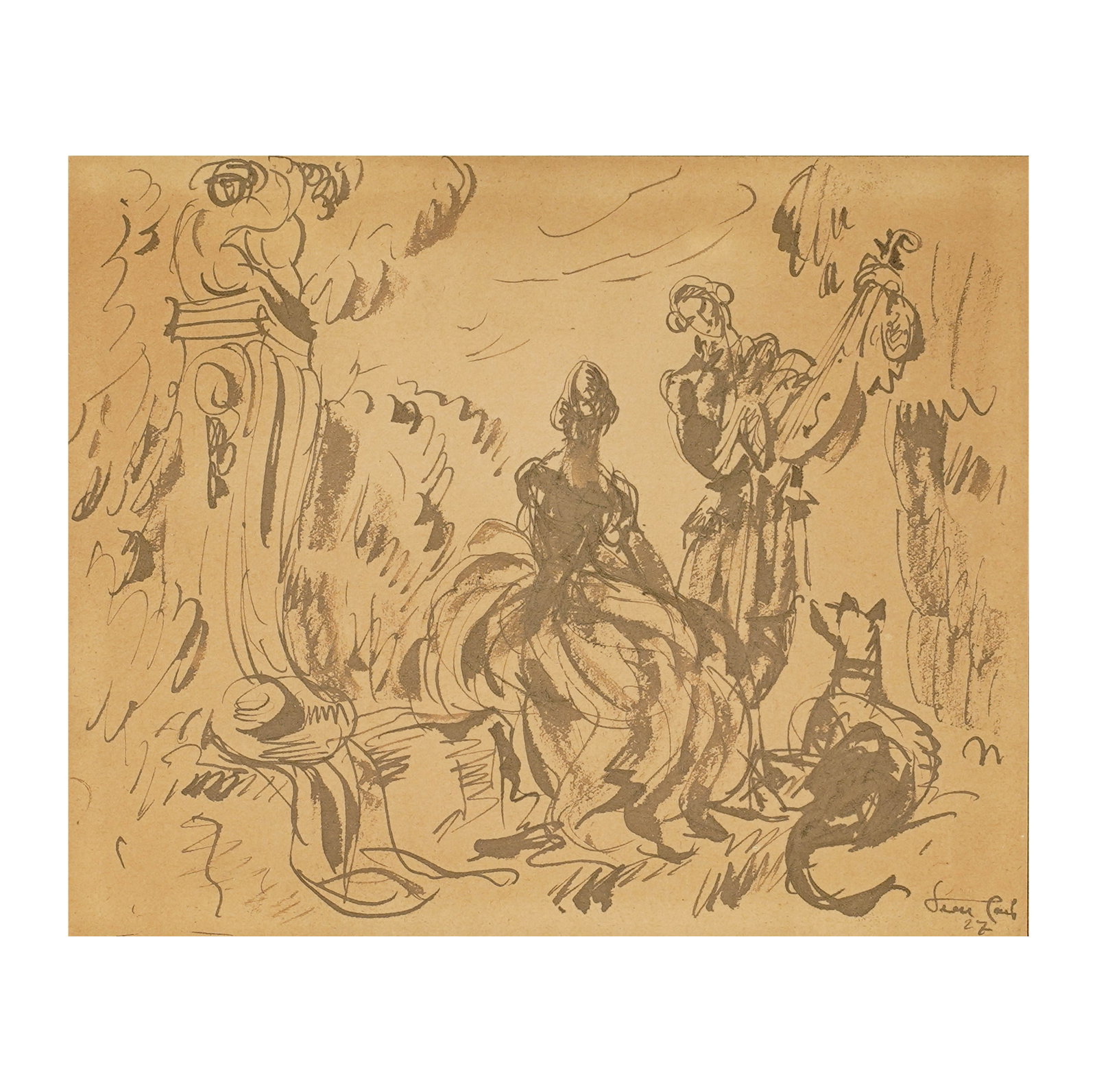 Gen Paul, 1895-1975, A Courting Scene Study: ink on paper 1927, signed and dated to the lower right, Galeries Georges Petit label on verso 6 7/8 x 8 1/2 in. (17.5 x 21.6 cm.), Frame: 13 1/2 x 14 3/4 in. (34.3 x 37.5 cm.)