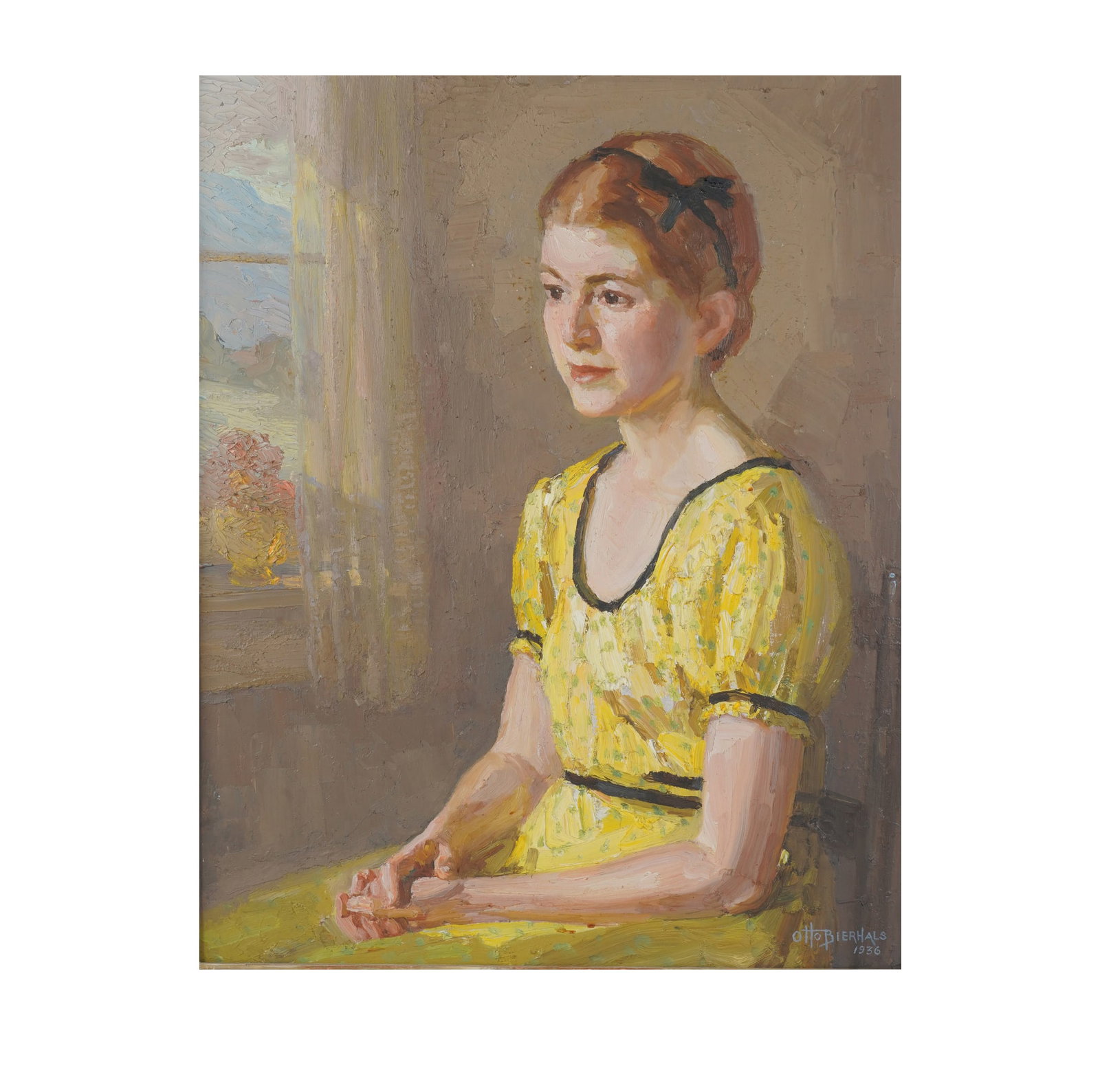 Otto Bierhals, 1879-1944, Portrait of Mrs. Norton Shipman: oil on Masonite 1936, signed and dated to the lower right, exhibition label on verso, and Woodstock Artists Association & Museum exhibition label on verso Panel: 30 x 24 in. (76.2 x 61 cm.), Frame: 34