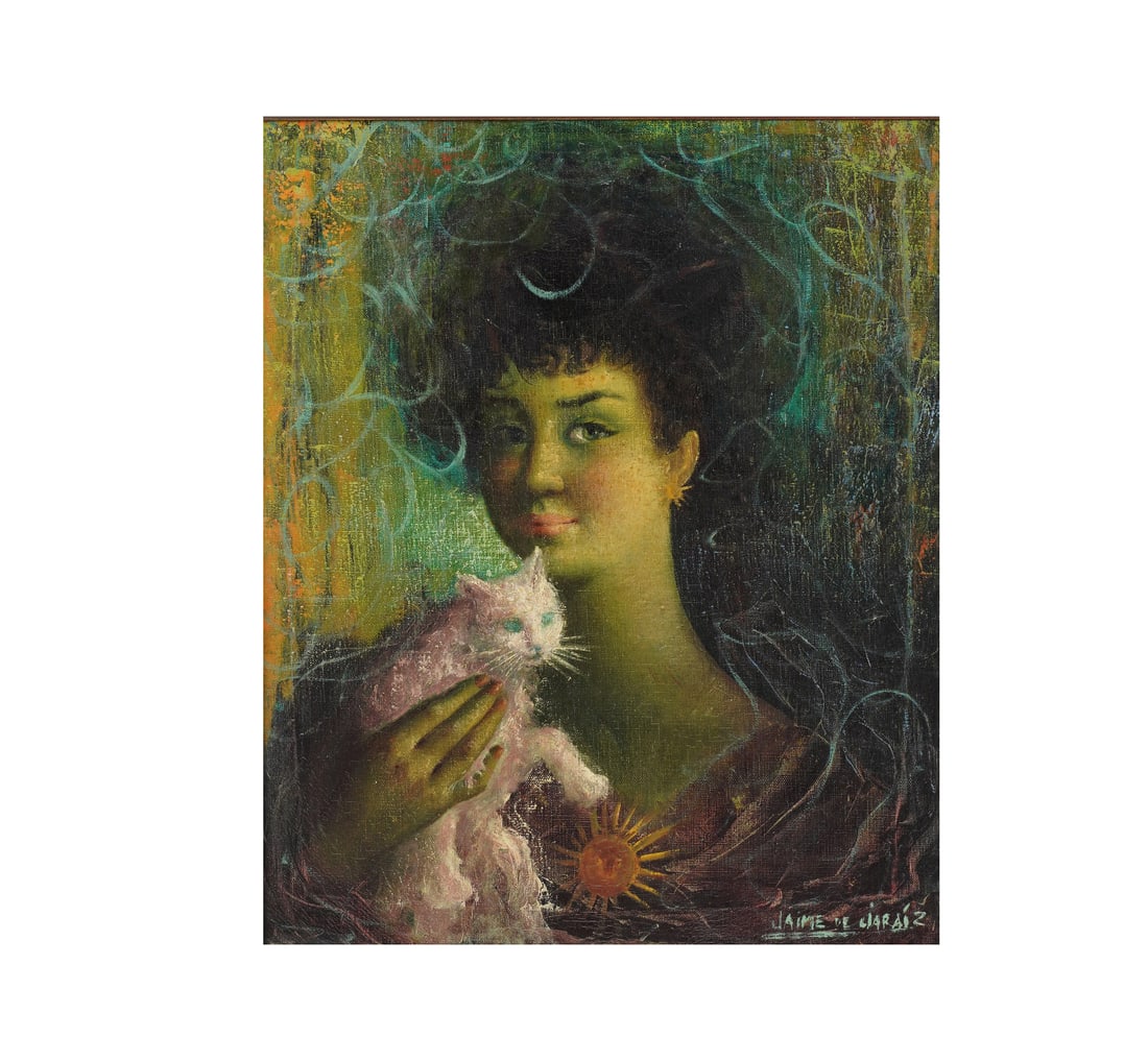 Jaime de Jaraiz, 1934-2007, Portrait of a Woman with Cat: oil on canvas signed to the lower right Canvas: 21 3/4 x 18 in. (55.2 x 45.7 cm.), Frame: 32 x 28 1/2 in. (81.3 x 72.4 cm.)